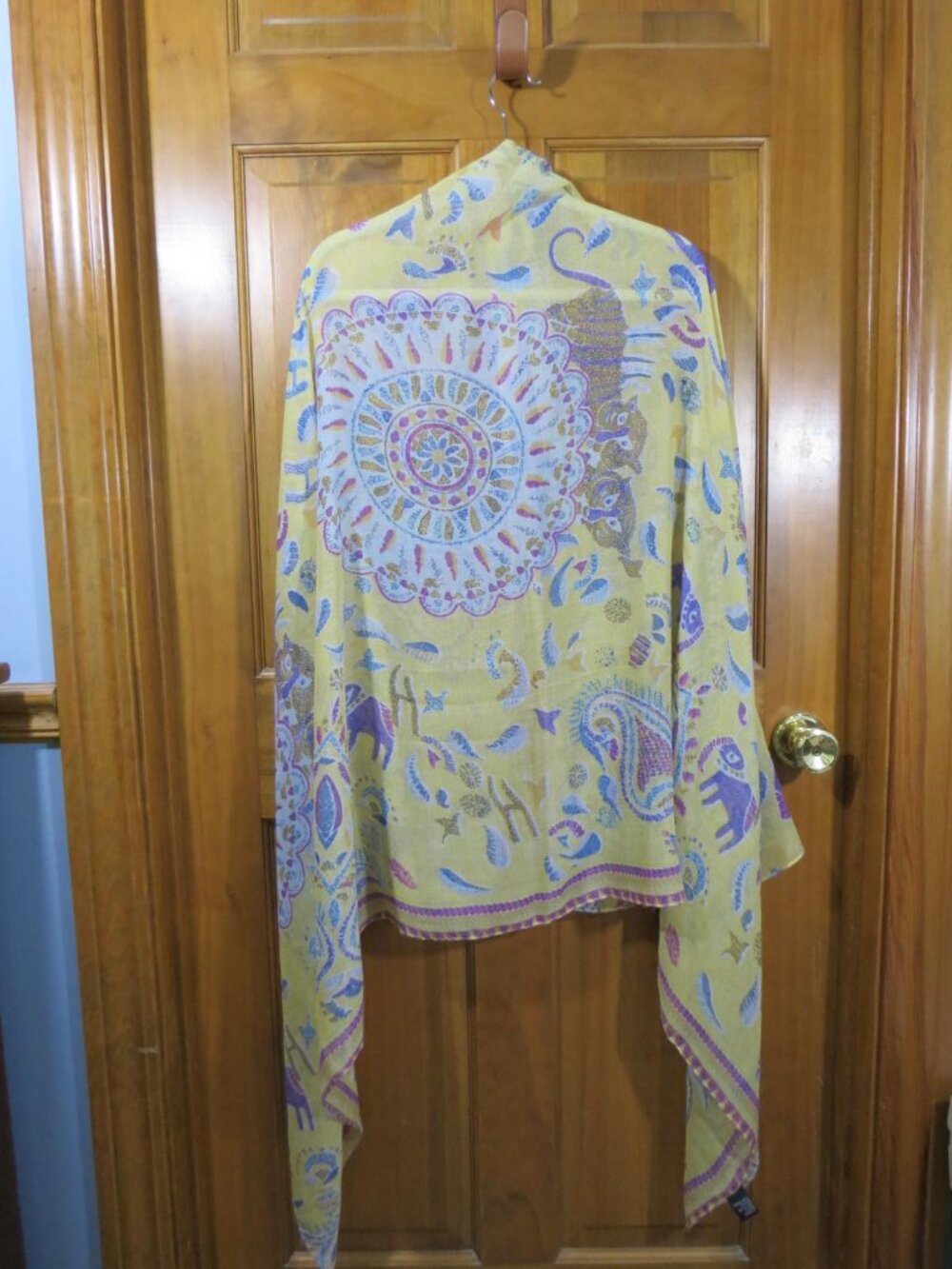 Boho Yellow Purples Lightweight Wrap Shawl Elephant Cat Mandala Print 72"x44"